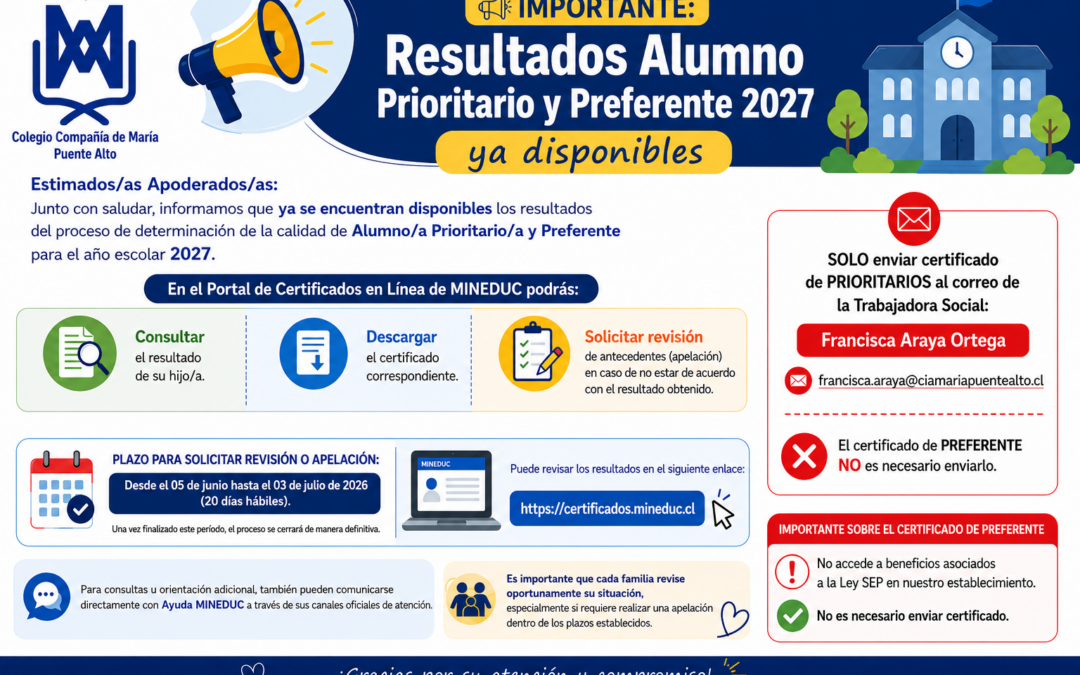 Resultados Alumno Prioritario y Preferente 2027 ya disponibles